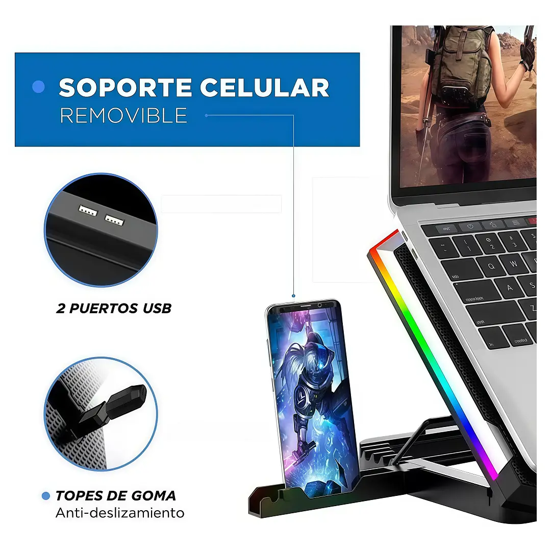 Cooler Para Laptop 17" con 6 Ventiladores y Soporte de Celular - Imagen 3
